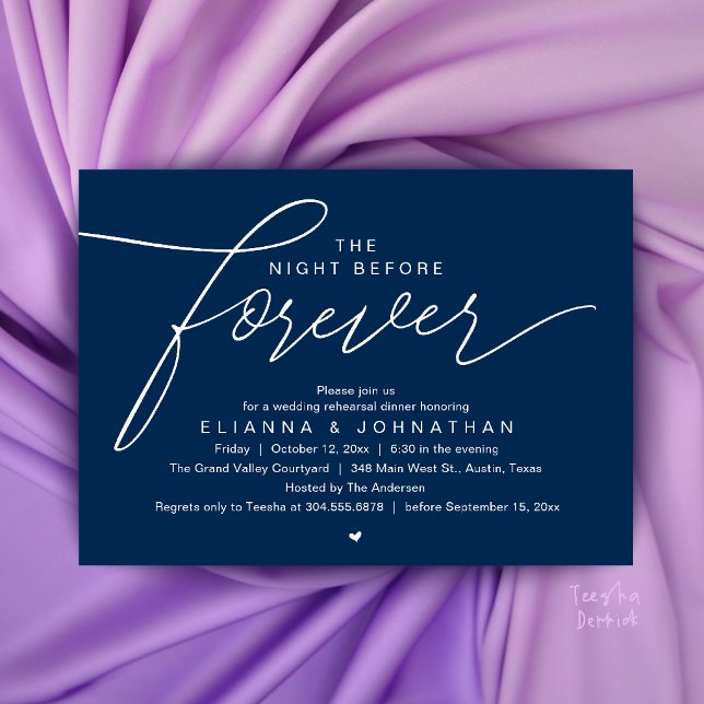 Invitation Dîner de répétition de mariage, écriture moderne é (The Night Before Forever, Wedding Rehearsal Dinner, Modern Elegant Invites Card in Navy Blue)