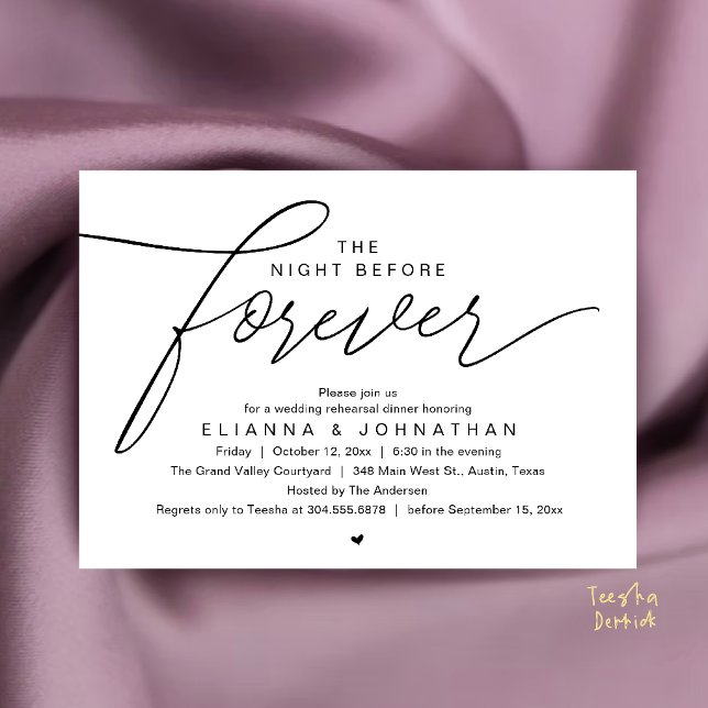 Invitation Dîner de répétition de mariage, écriture moderne é (The Night Before Forever, Wedding Rehearsal Dinner, Modern Elegant Invites Card in Black and White)