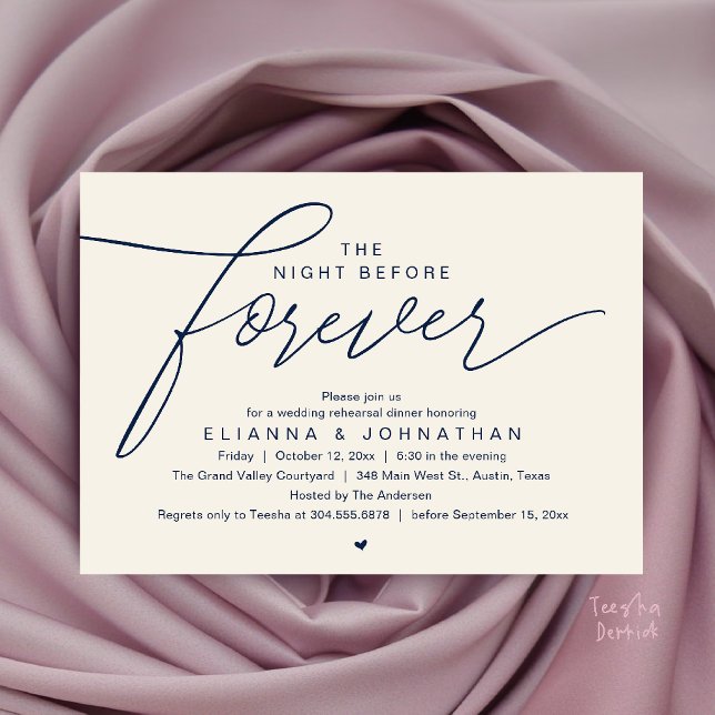 Invitation Dîner de répétition de mariage, écriture moderne é (The Night Before Forever, Wedding Rehearsal Dinner, Modern Elegant Invites Card in Navy Blue Ivory)