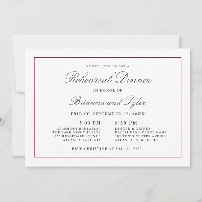 Invitation Dîner de Répétition de Mariage Élégance Simple Cla (Devant)