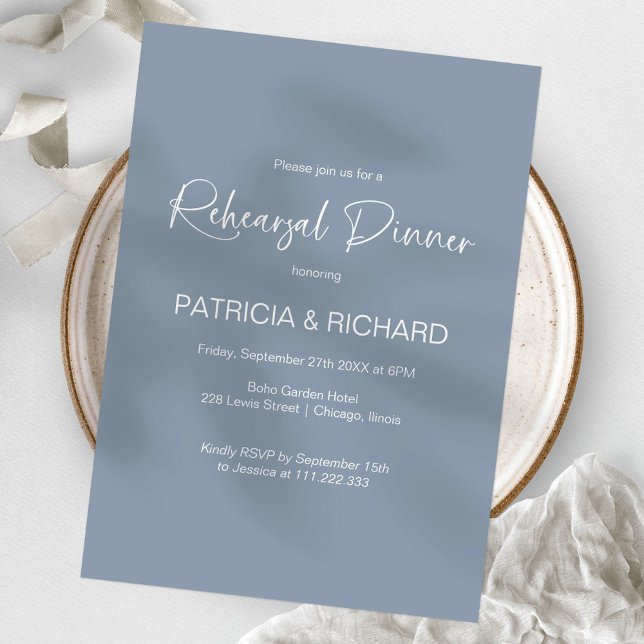 Invitation Dîner de répétition de mariage élégant bleu poussi (Créateur téléchargé)