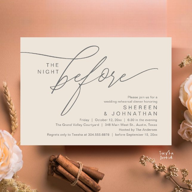 Invitation Dîner de répétition de mariage élégant crème gris  (Elegant Script Wedding Rehearsal Dinner Invitation Card in Cream and Grey)