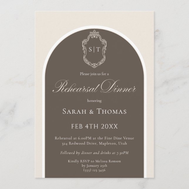 Invitation Dîner de répétition de mariage élégant Monogram Mo (Devant)