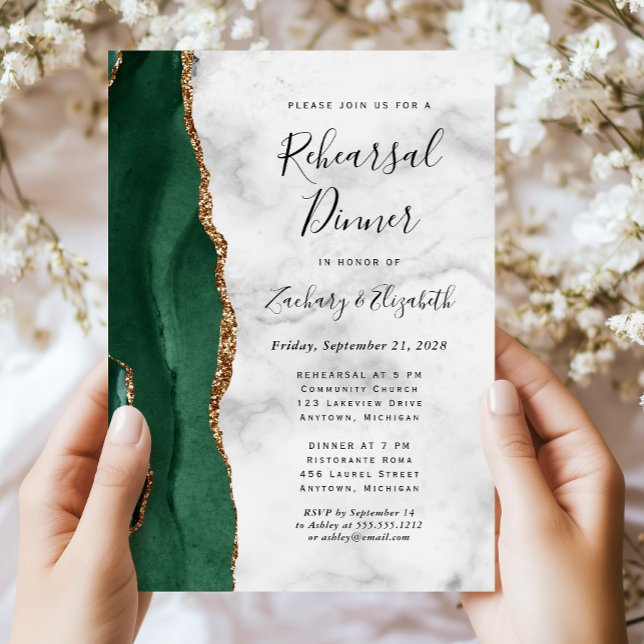 Invitation Dîner de répétition de mariage en agate dorée vert (Créateur téléchargé)