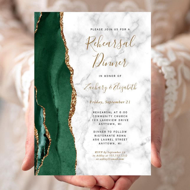 Invitation Dîner de répétition de mariage en marbre vert émer (Créateur téléchargé)