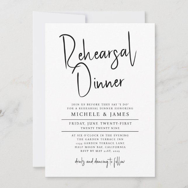 Invitation Dîner de répétition de mariage en typographie de s (Devant)