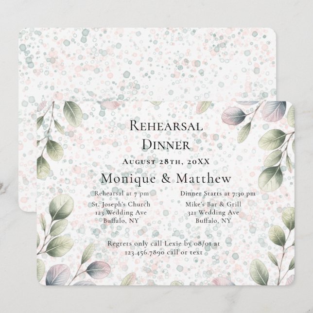 Invitation Dîner de répétition de mariage Eucalyptus Pink Blu (Devant / Derrière)