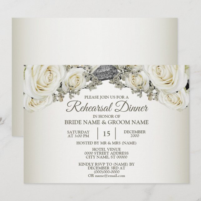 Invitation Dîner de répétition de mariage Fleurs blanches Ver (Devant / Derrière)