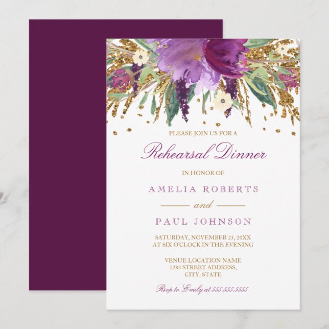 Invitation Dîner de répétition de mariage floral améthyste pé (Devant / Derrière)