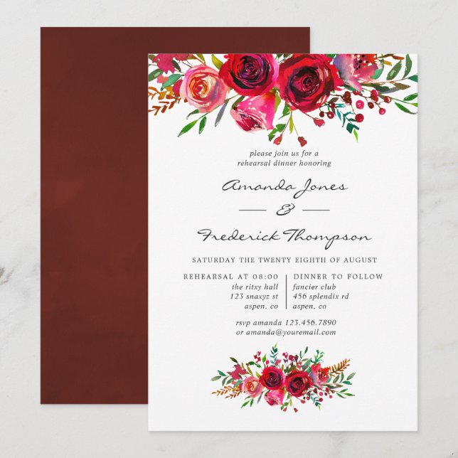 Invitation Dîner de répétition de mariage floral aquarelle (Devant / Derrière)