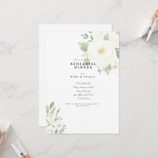 Invitation Dîner de répétition de mariage floral blanc  (Devant/Arrière en situation)