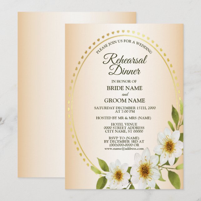 Invitation Dîner de répétition de mariage floral blanc or pêc (Devant / Derrière)