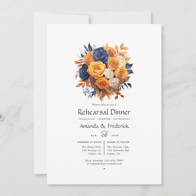 Invitation Dîner de répétition de mariage floral bleu marine  (Devant)