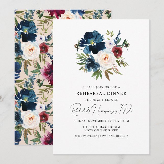 Invitation Dîner de répétition de mariage floral borde et mar (Devant / Derrière)