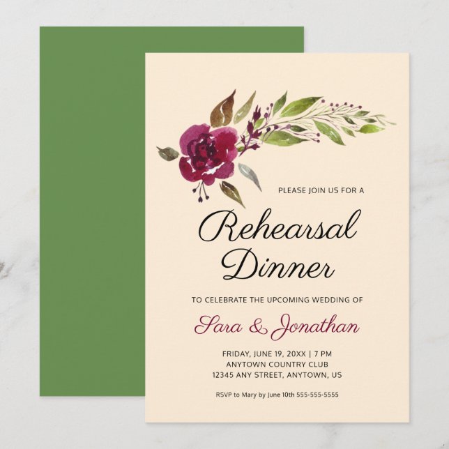 Invitation Dîner de répétition de mariage floral bordeaux mar (Devant / Derrière)