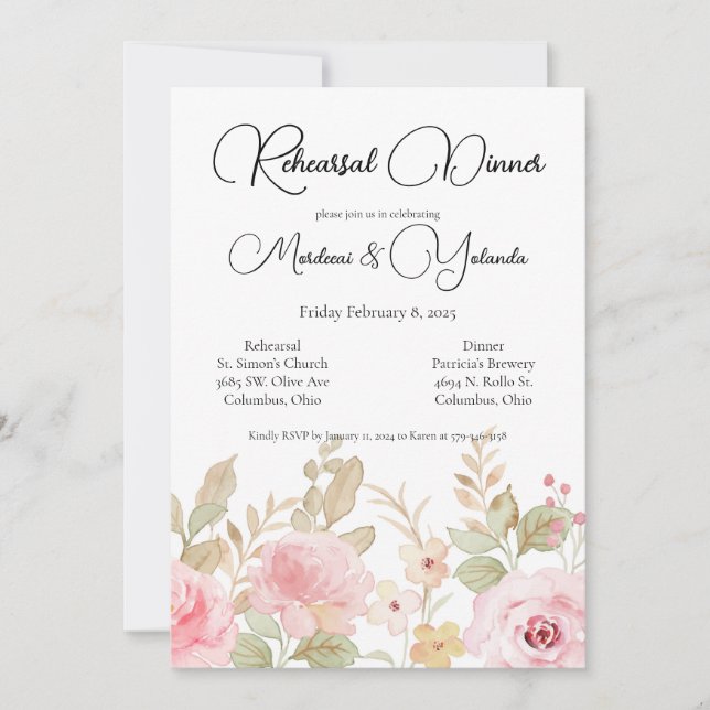 Invitation Dîner de répétition de mariage floral élégant (Devant)