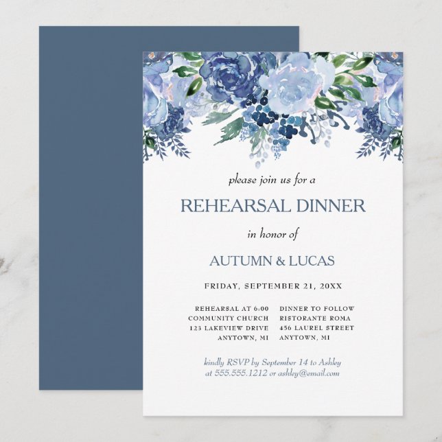 Invitation Dîner de répétition de mariage floral gris bleu (Devant / Derrière)