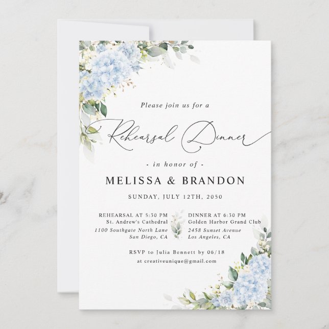 Invitation Dîner de Répétition de Mariage Floral Hydrangea Bl (Devant)