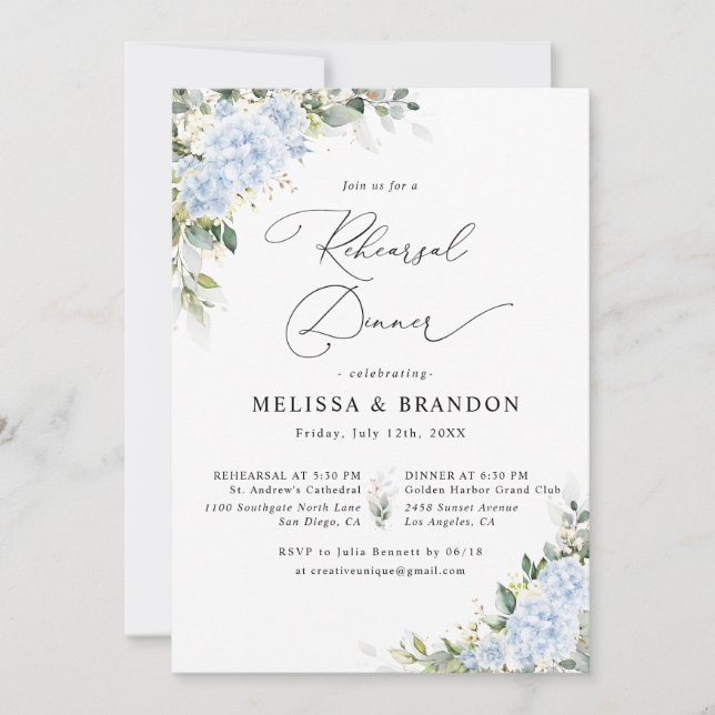 Invitation Dîner de répétition de mariage floral Hydrangea bl (Devant)