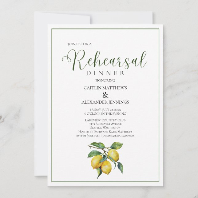 Invitation Dîner de répétition de mariage floral jaune citron (Devant)