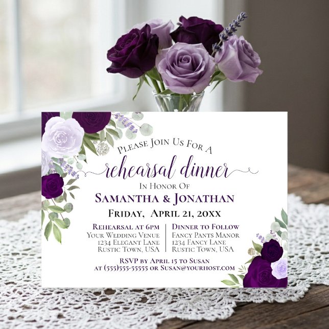 Invitation Dîner de répétition de mariage floral pourpre élég (Créateur téléchargé)