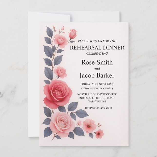 Invitation Dîner de répétition de Mariage floral Rose (Devant)