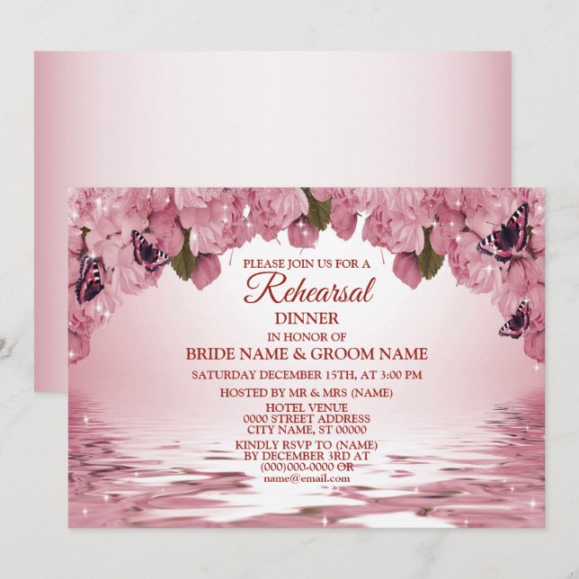 Invitation Dîner de répétition de mariage floral rose dans la (Devant / Derrière)