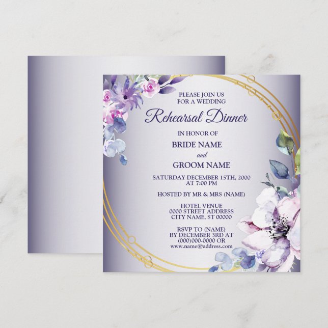 Invitation Dîner de répétition de mariage floral rose or viol (Devant / Derrière)