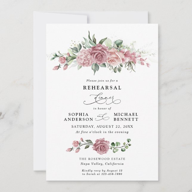 Invitation Dîner de répétition de mariage floral rose poussié (Devant)