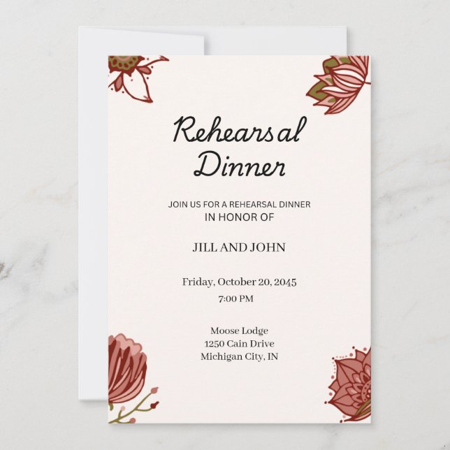 Invitation Dîner de Répétition de Mariage Floral Rouge Rustiq (Devant)