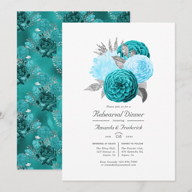 Invitation Dîner de répétition de mariage floral sarcelle et  (Devant / Derrière)