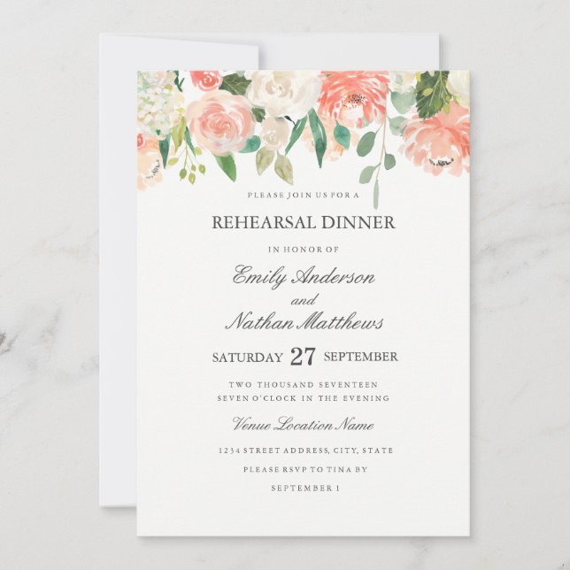 Invitation Dîner de répétition de mariage Floral Watercolor P (Devant)
