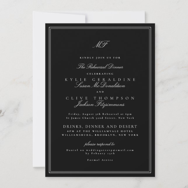 Invitation Dîner de répétition de mariage formel en noir et b (Devant)