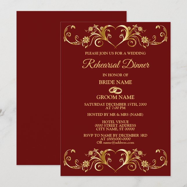 Invitation Dîner de répétition de mariage géométrique rouge d (Devant / Derrière)