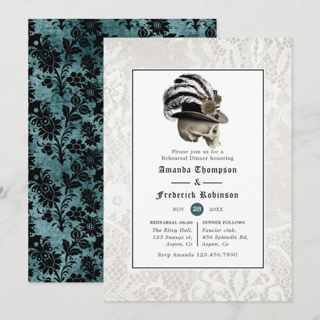 Invitation Dîner de répétition de mariage gothique Damask et  (Devant / Derrière)