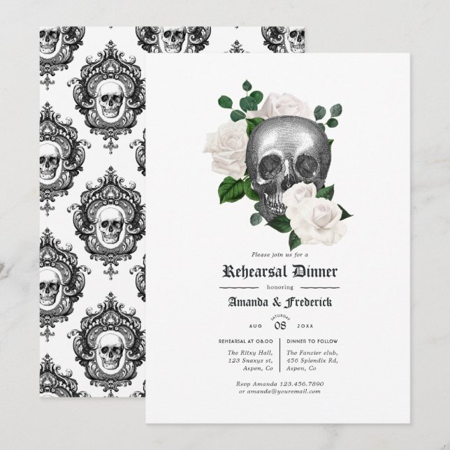 Invitation Dîner de répétition de mariage gothique floral bla (Devant / Derrière)
