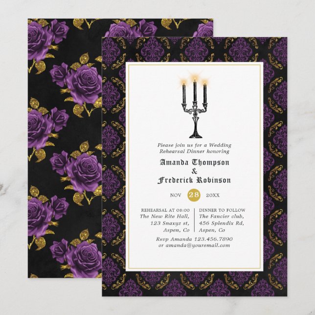 Invitation Dîner de répétition de mariage gothique violet et  (Devant / Derrière)