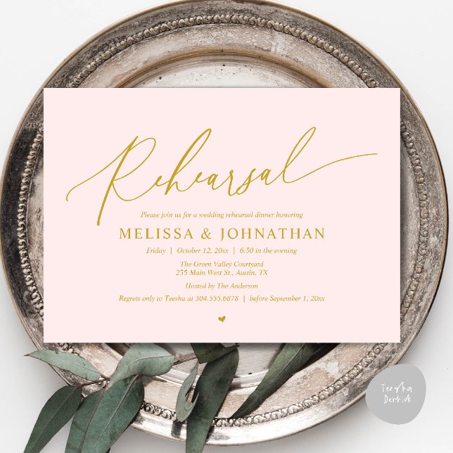Invitation Dîner de répétition de mariage intime romantique m (Modern Romantic Intimate Wedding Rehearsal Dinner Invitation Card in Gold Blush)