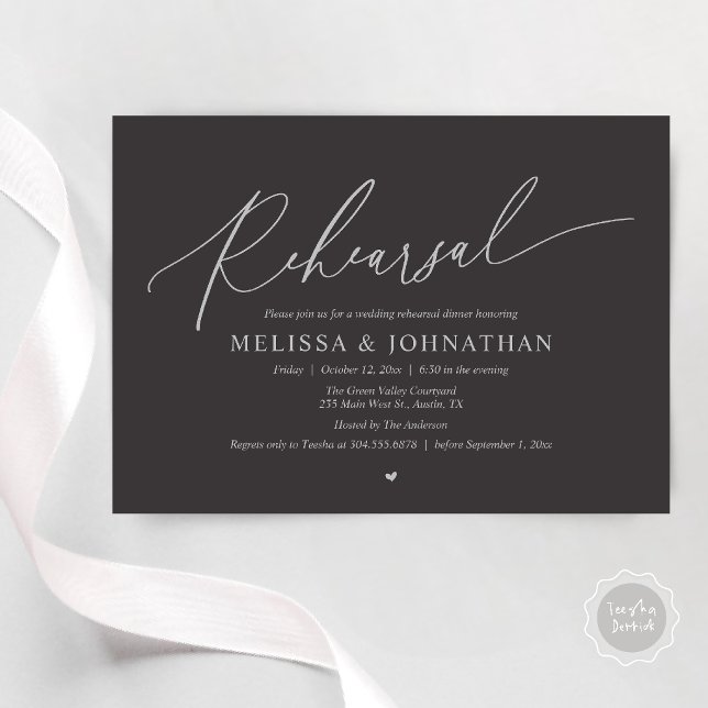 Invitation Dîner de répétition de mariage intime romantique m (Modern Romantic Intimate Wedding Rehearsal Dinner Invitation Card in Charcoal SIlver)
