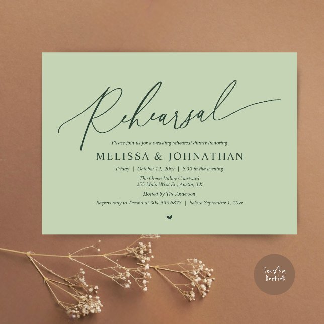 Invitation Dîner de répétition de mariage intime romantique m (Modern Romantic Intimate Wedding Rehearsal Dinner Invitation Card in Eucalyptus Sage Green)