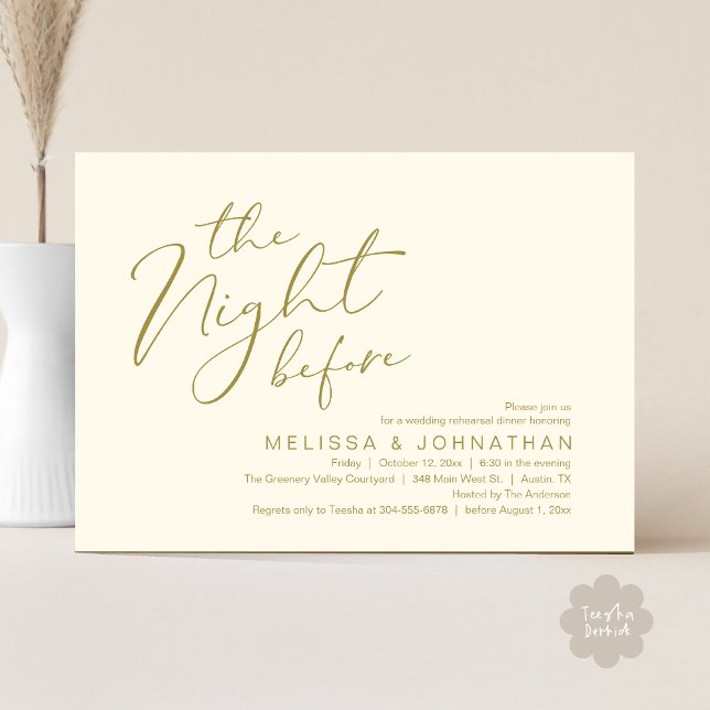 Invitation Dîner de répétition de mariage la veille  (The Night Before Romantic Modern Wedding Rehearsal Dinner Aesthetic Invites PDF Classy Yellow Gold)