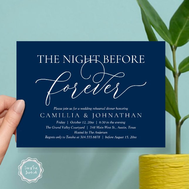 Invitation Dîner de répétition de mariage, la veille de pour  (The Night Before Forever Wedding Rehearsal Dinner Romantic Classy Invites Card PDF in Navy Blue)