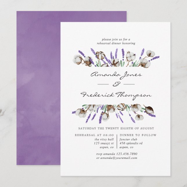 Invitation Dîner de répétition de mariage Lavande et Coton (Devant / Derrière)