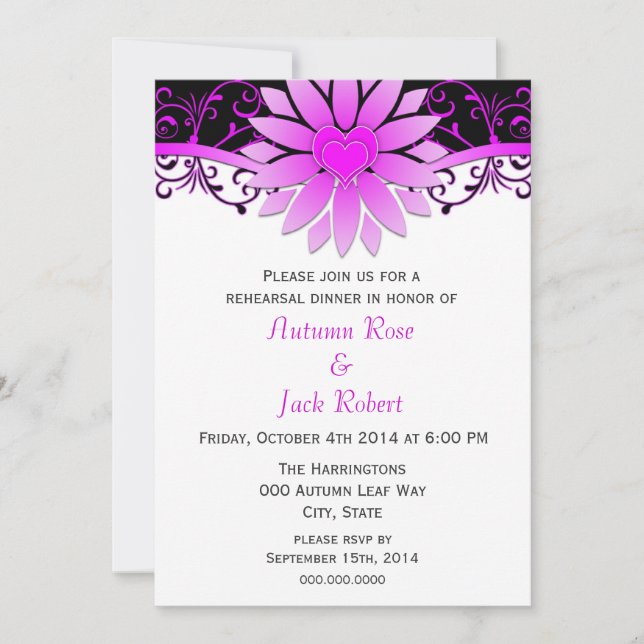 Invitation Dîner de répétition de mariage Majenta et Noir (Devant)