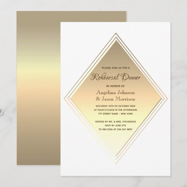 Invitation Dîner de répétition de mariage moderne en or (Devant / Derrière)