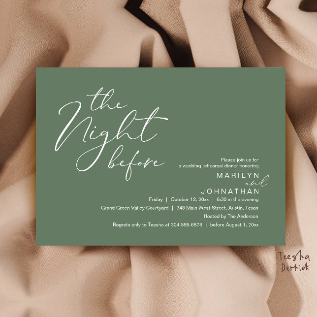 Invitation Dîner de répétition de mariage moderne la veille d (Modern Romantic The Night Before Wedding Rehearsal Dinner Invitation Card in Sage Green)