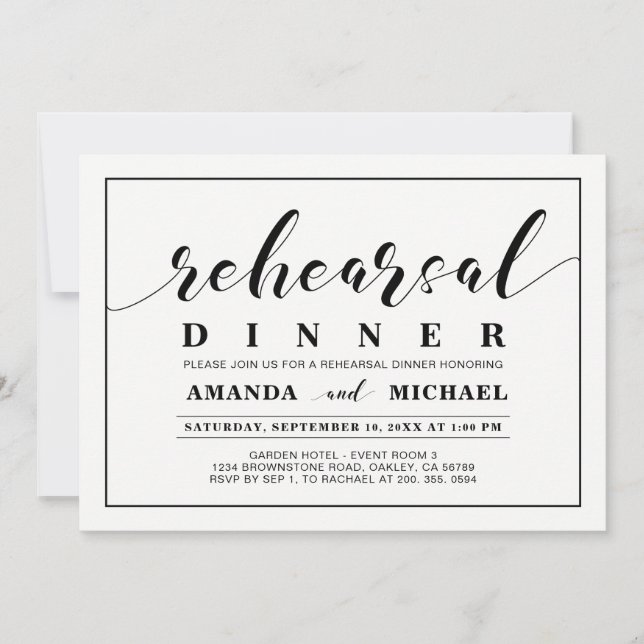 Invitation Dîner de répétition de mariage moderne noir et bla (Devant)