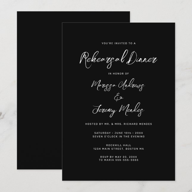 Invitation Dîner de répétition de mariage moderne noir et bla (Devant / Derrière)