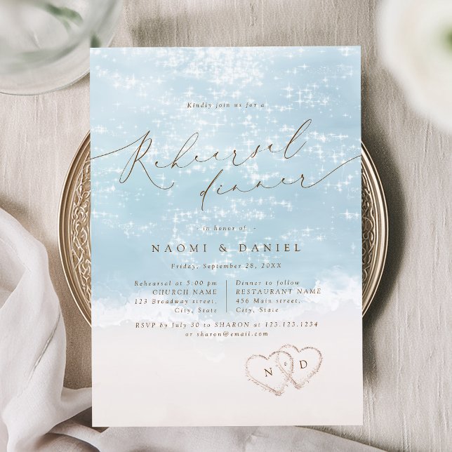 Invitation Dîner de répétition de mariage moderne sur la plag (Modern Script Sand Hearts Beach Rehearsal Dinner Invitation)