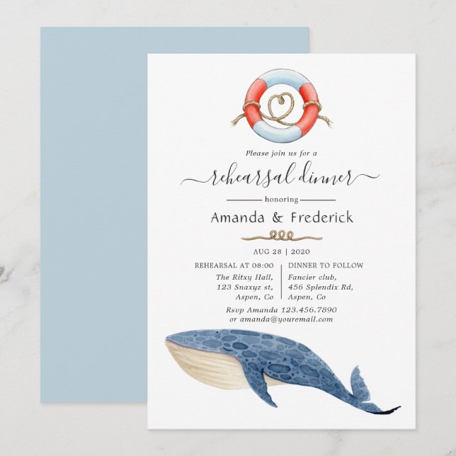 Invitation Dîner de répétition de mariage nautique Baleine (Devant / Derrière)